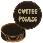 Black/Gold round leatherette coasters set and holder laser etched with 'Groovy Coffee' design