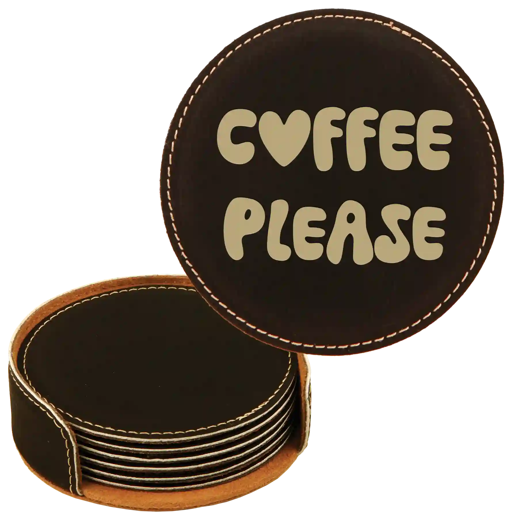 Black/Gold round leatherette coasters set and holder laser etched with 'Groovy Coffee' design