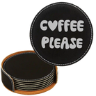 Black/Silver round leatherette coasters set and holder laser etched with 'Groovy Coffee' design