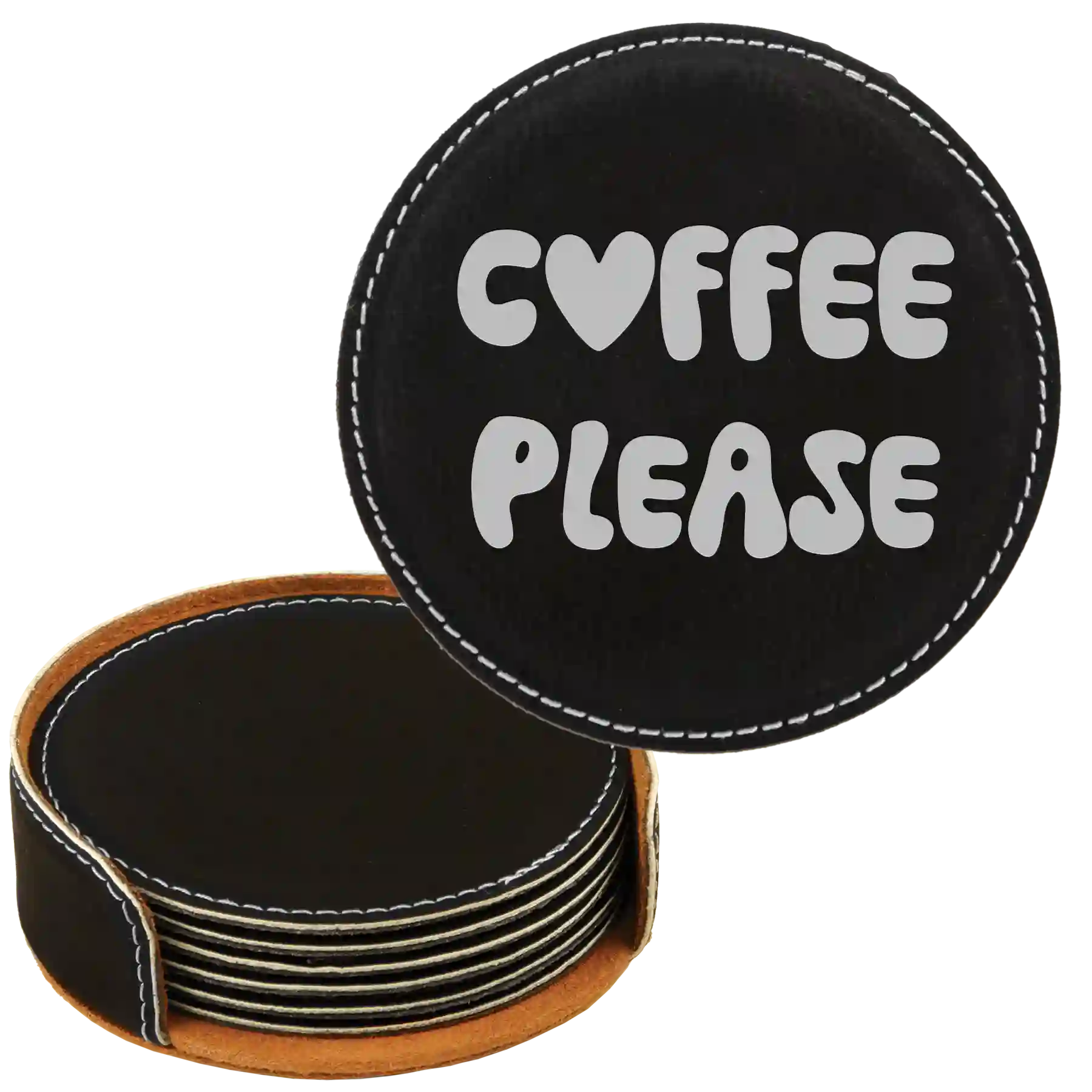 Black/Silver round leatherette coasters set and holder laser etched with 'Groovy Coffee' design