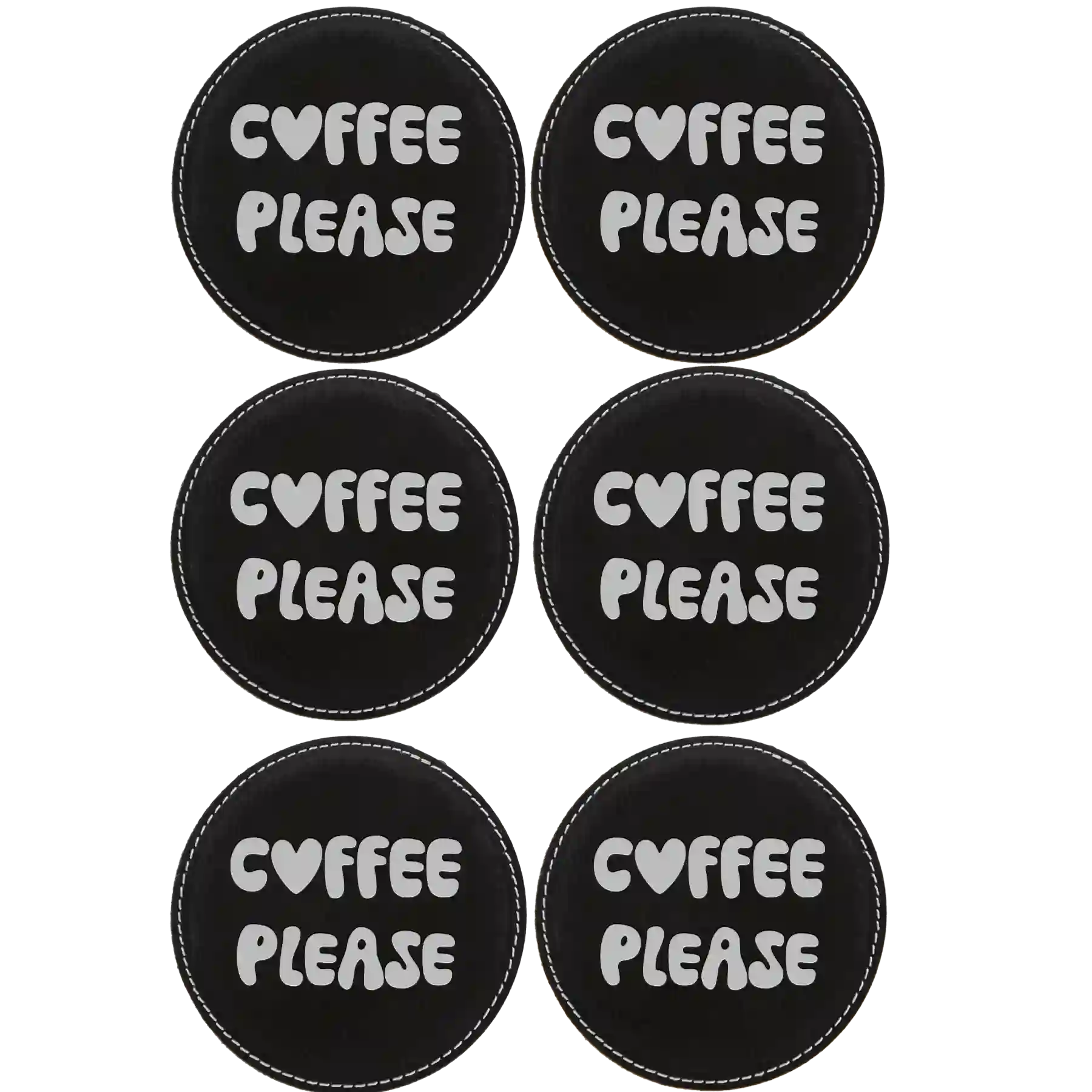 Black/Silver round leatherette coasters set of 6 laser etched with 'Groovy Coffee' designs