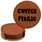 Rawhide round leatherette coasters set and holder laser etched with 'Groovy Coffee' design