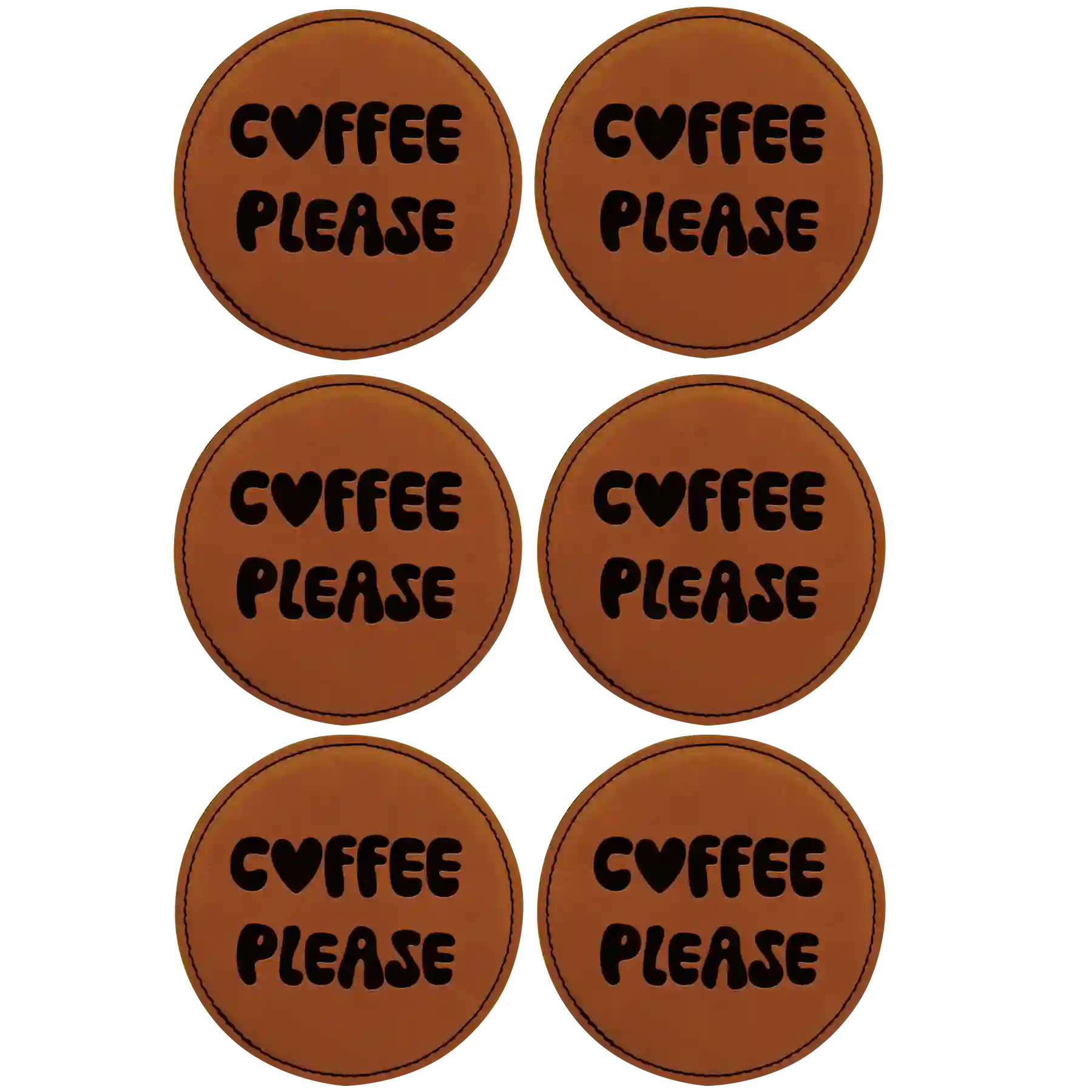 Rawhide round leatherette coasters set of 6 laser etched with 'Groovy Coffee' designs