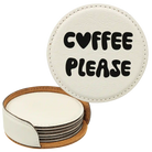 White round leatherette coasters set and holder laser etched with 'Groovy Coffee' design