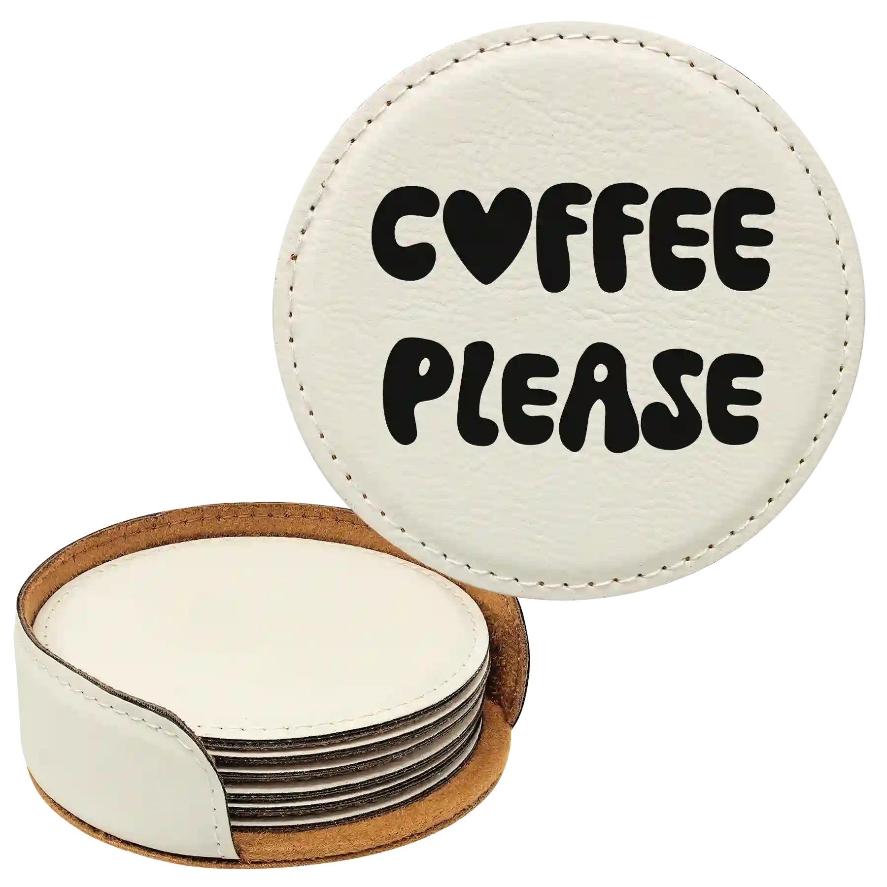 White round leatherette coasters set and holder laser etched with 'Groovy Coffee' design