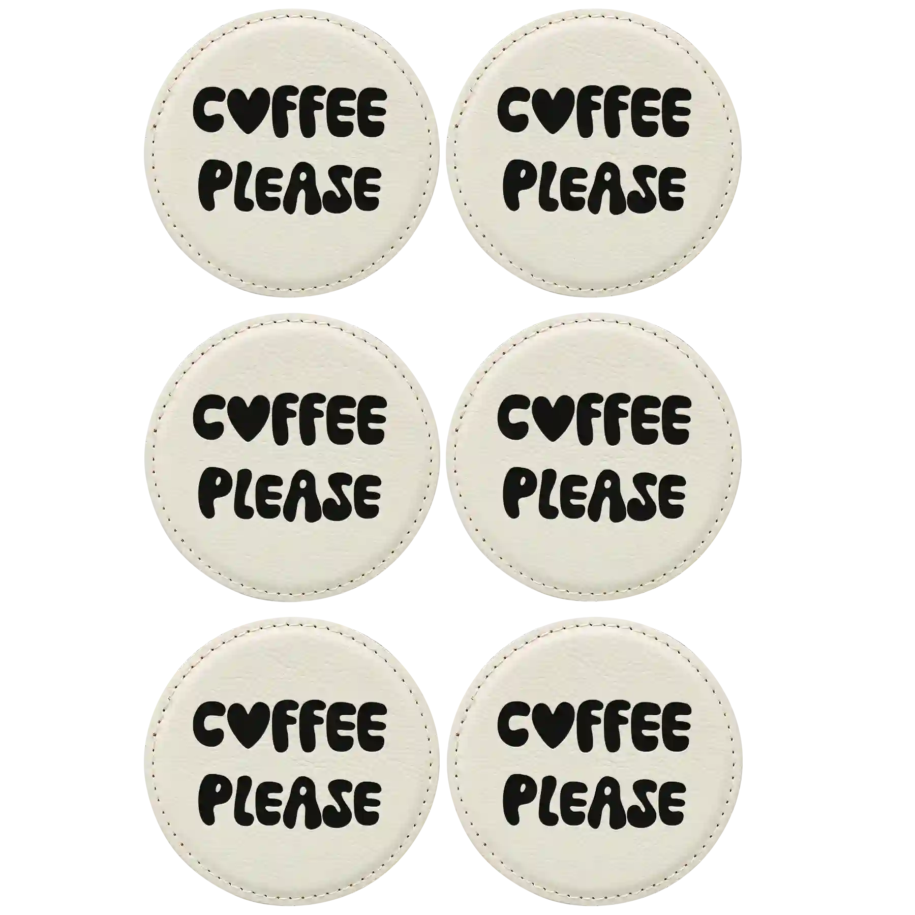 White round leatherette coasters set of 6 laser etched with 'Groovy Coffee' designs