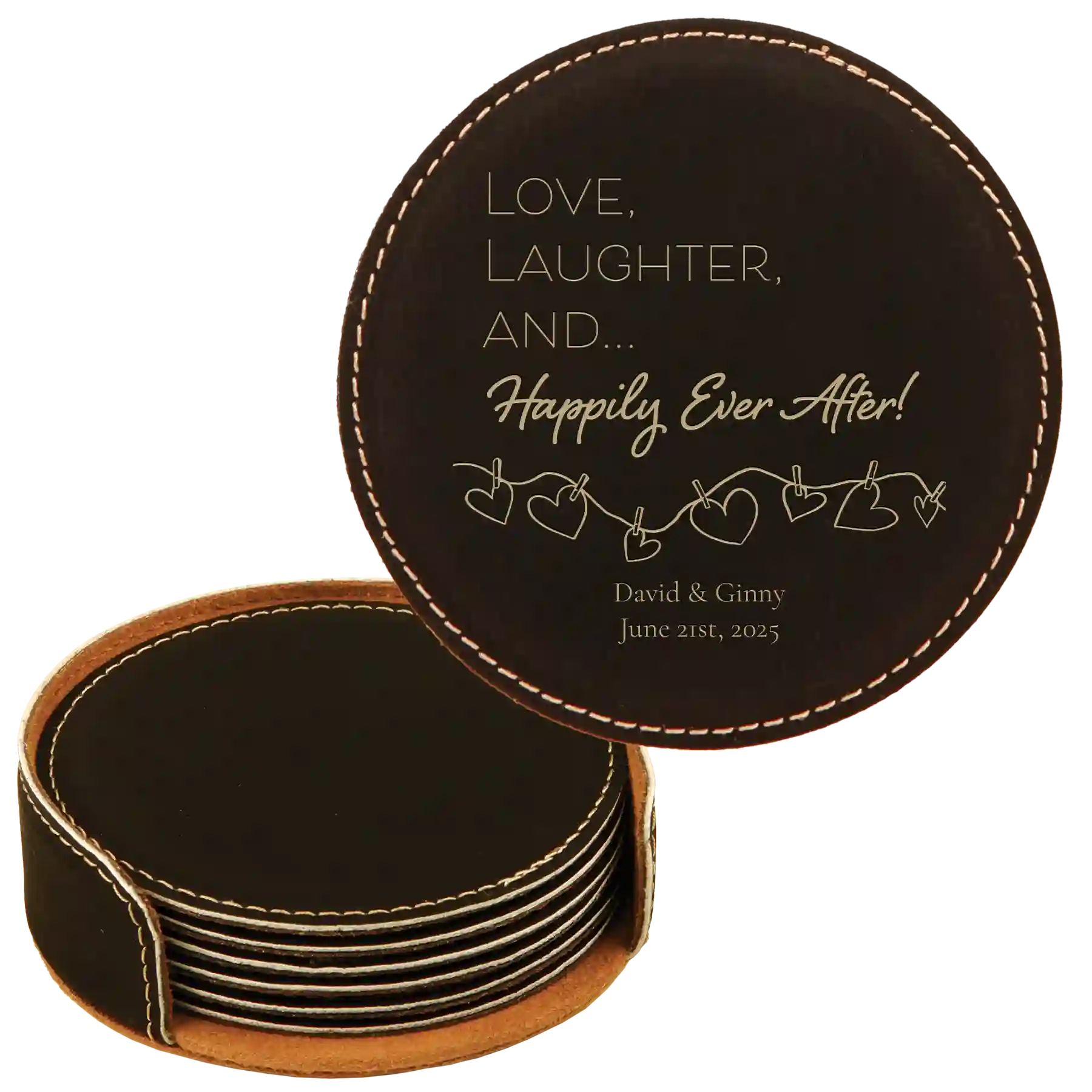 Black/Gold round leatherette coasters set and holder with personalized 'Happily Ever After' design