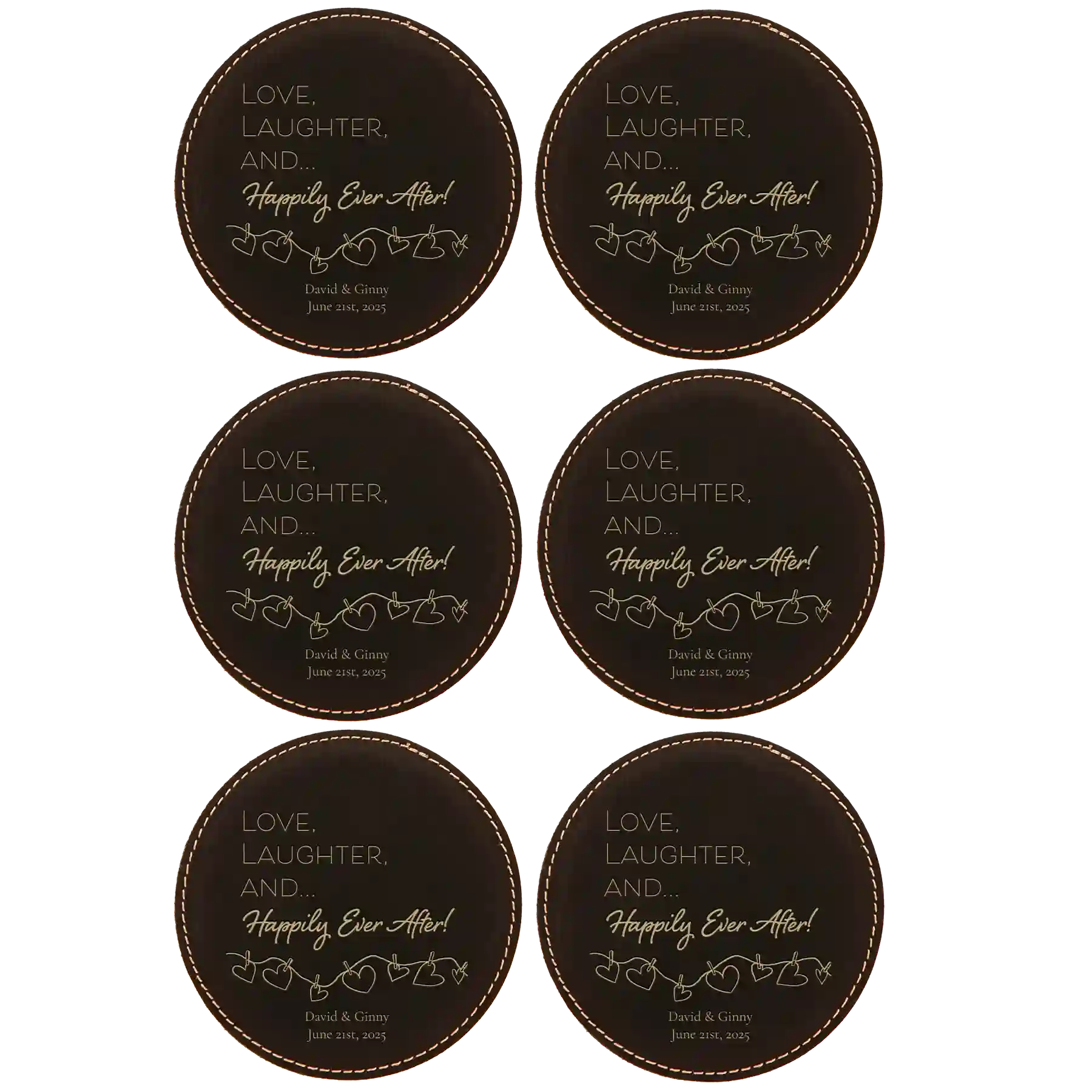 Black/Gold round leatherette coasters set of 6 with personalized 'Happily Ever After' designs