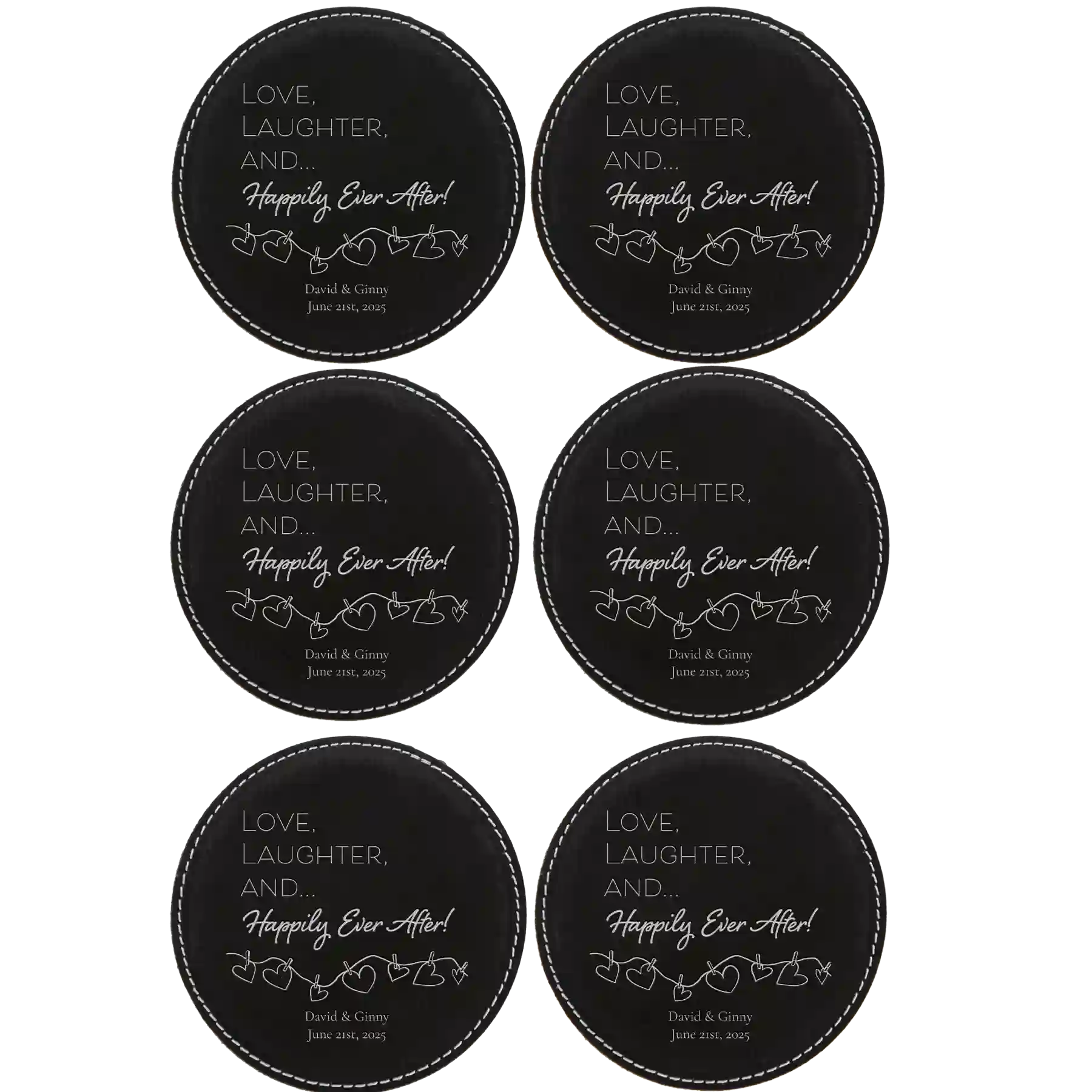 Black/Silver round leatherette coasters set of 6 with personalized 'Happily Ever After' designs