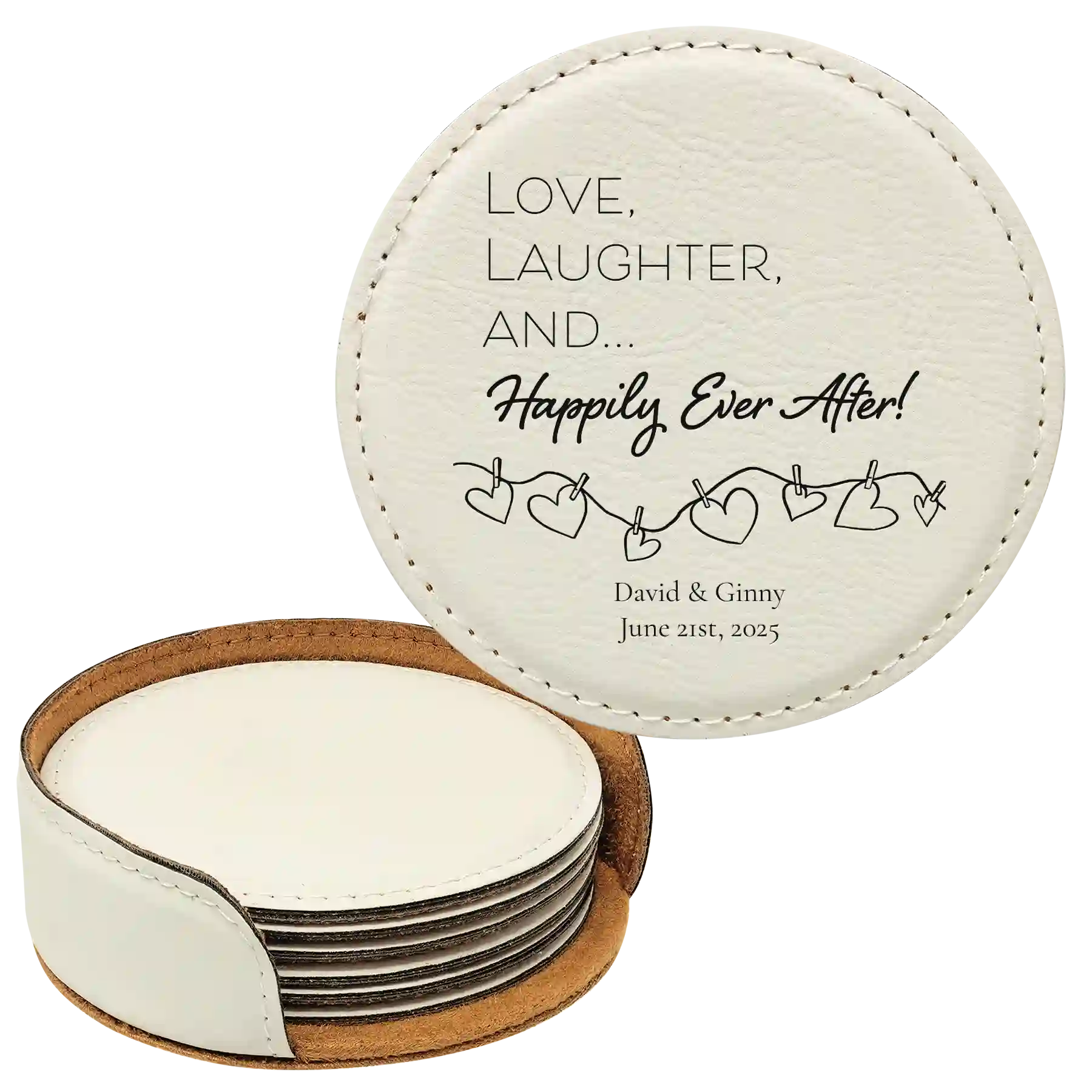 White round leatherette coasters set and holder with personalized 'Happily Ever After' design