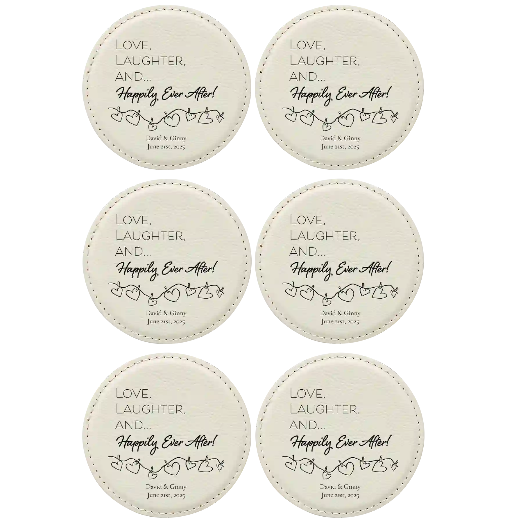 White round leatherette coasters set of 6 with personalized 'Happily Ever After' designs