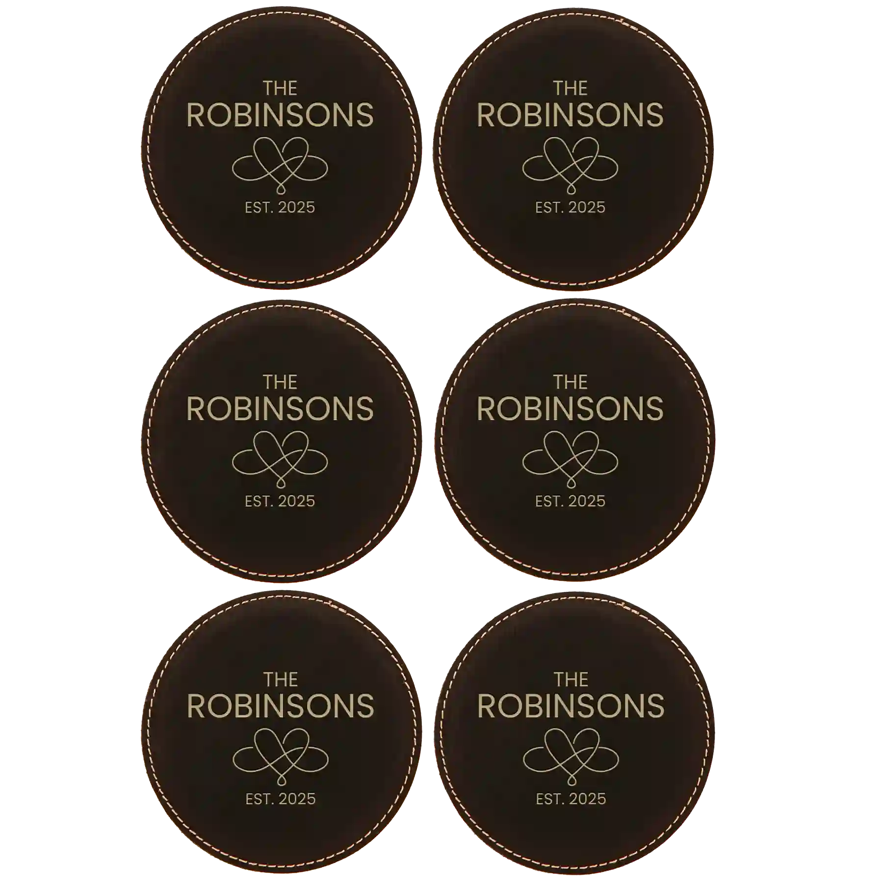 Black/Gold round leatherette coasters set of 6 with personalized 'Heart Infinity' designs