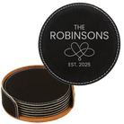 Black/Silver round leatherette coasters set and holder with personalized 'Heart Infinity' design