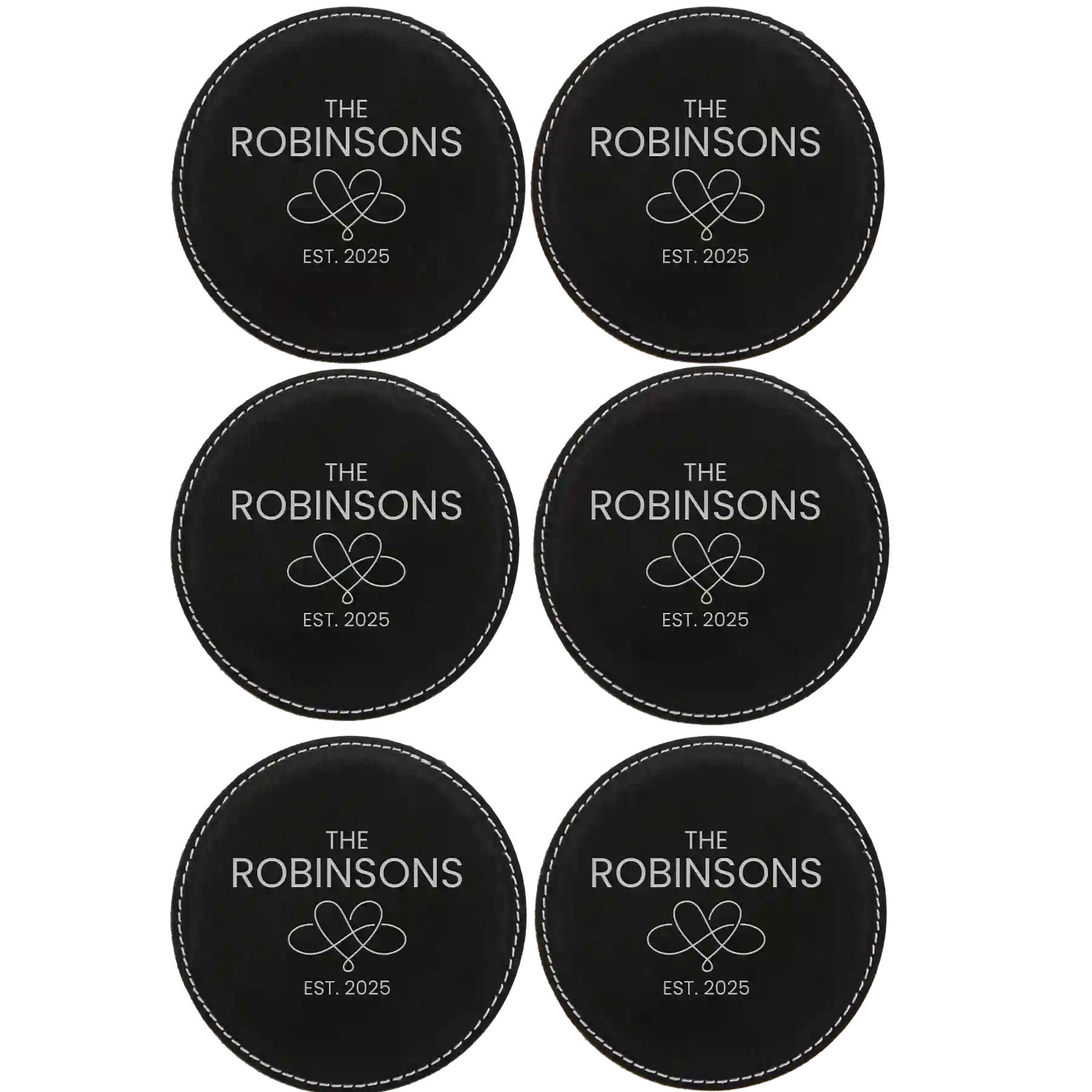 Black/Silver round leatherette coasters set of 6 with personalized 'Heart Infinity' designs