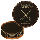 Black/Gold round leatherette coasters set and holder with personalized 'Lake House' design