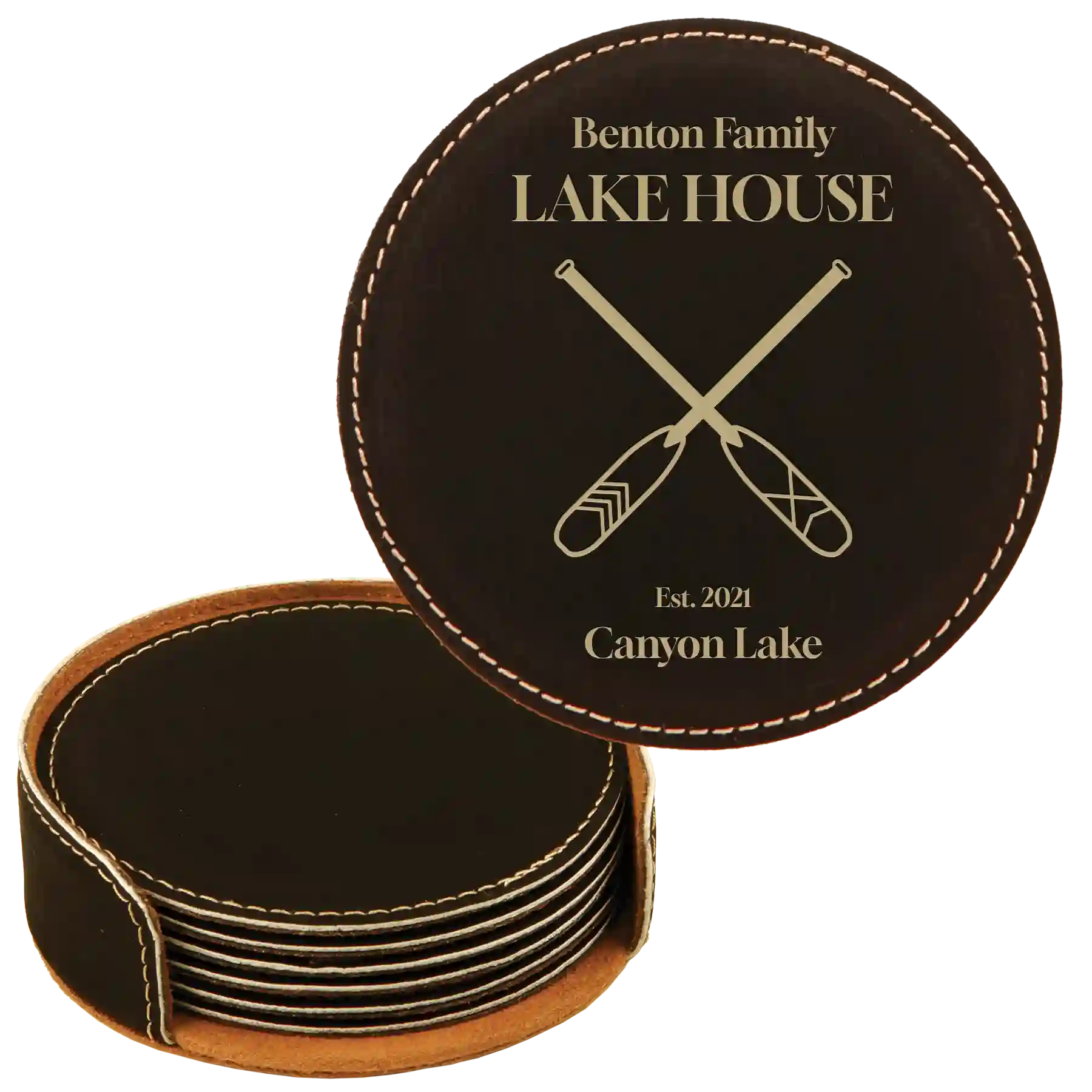 Black/Gold round leatherette coasters set and holder with personalized 'Lake House' design