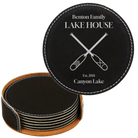 Black/Silver round leatherette coasters set and holder with personalized 'Lake House' design