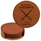Rawhide round leatherette coasters set and holder with personalized 'Lake House' design