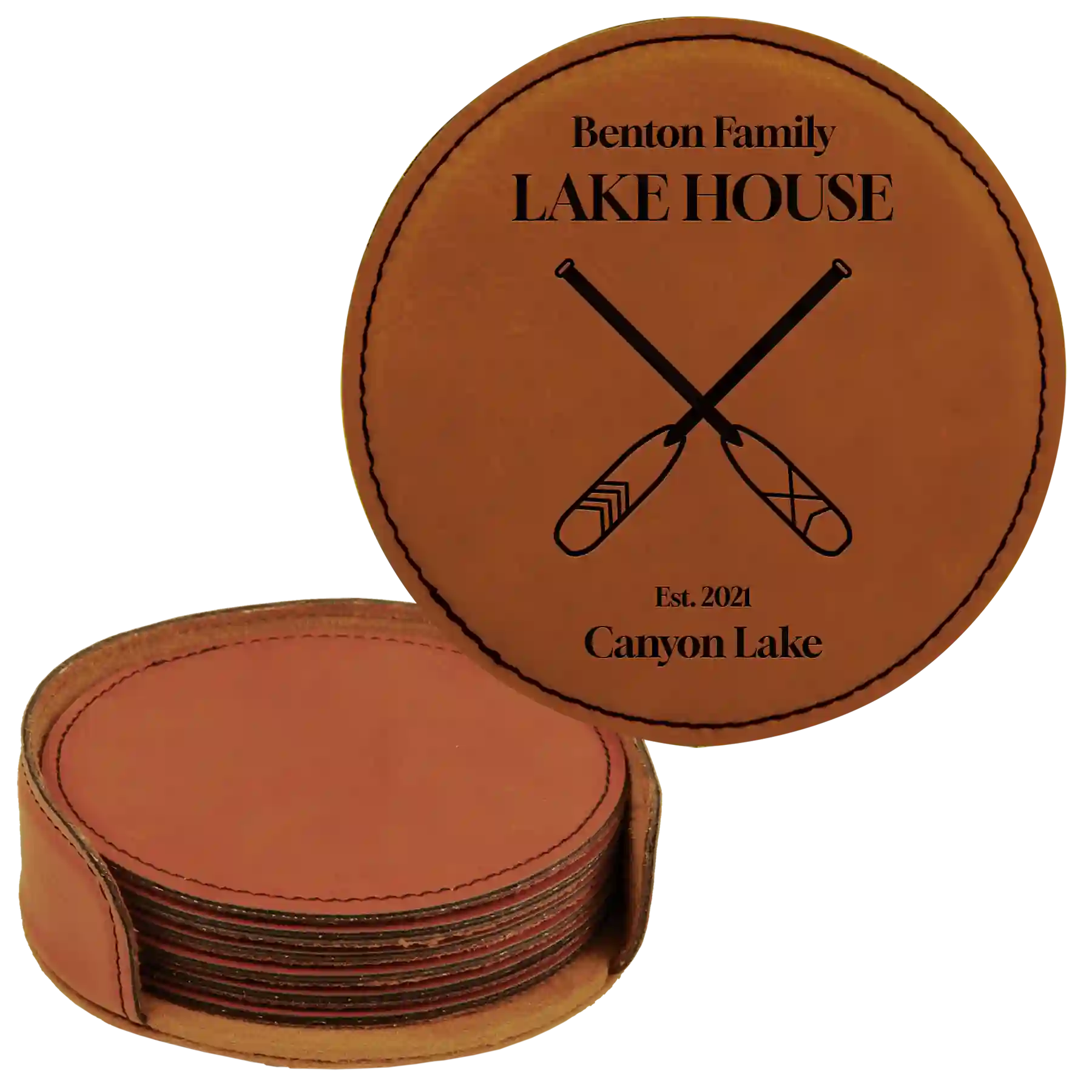 Rawhide round leatherette coasters set and holder with personalized 'Lake House' design