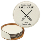 White round leatherette coasters set and holder with personalized 'Lake House' design