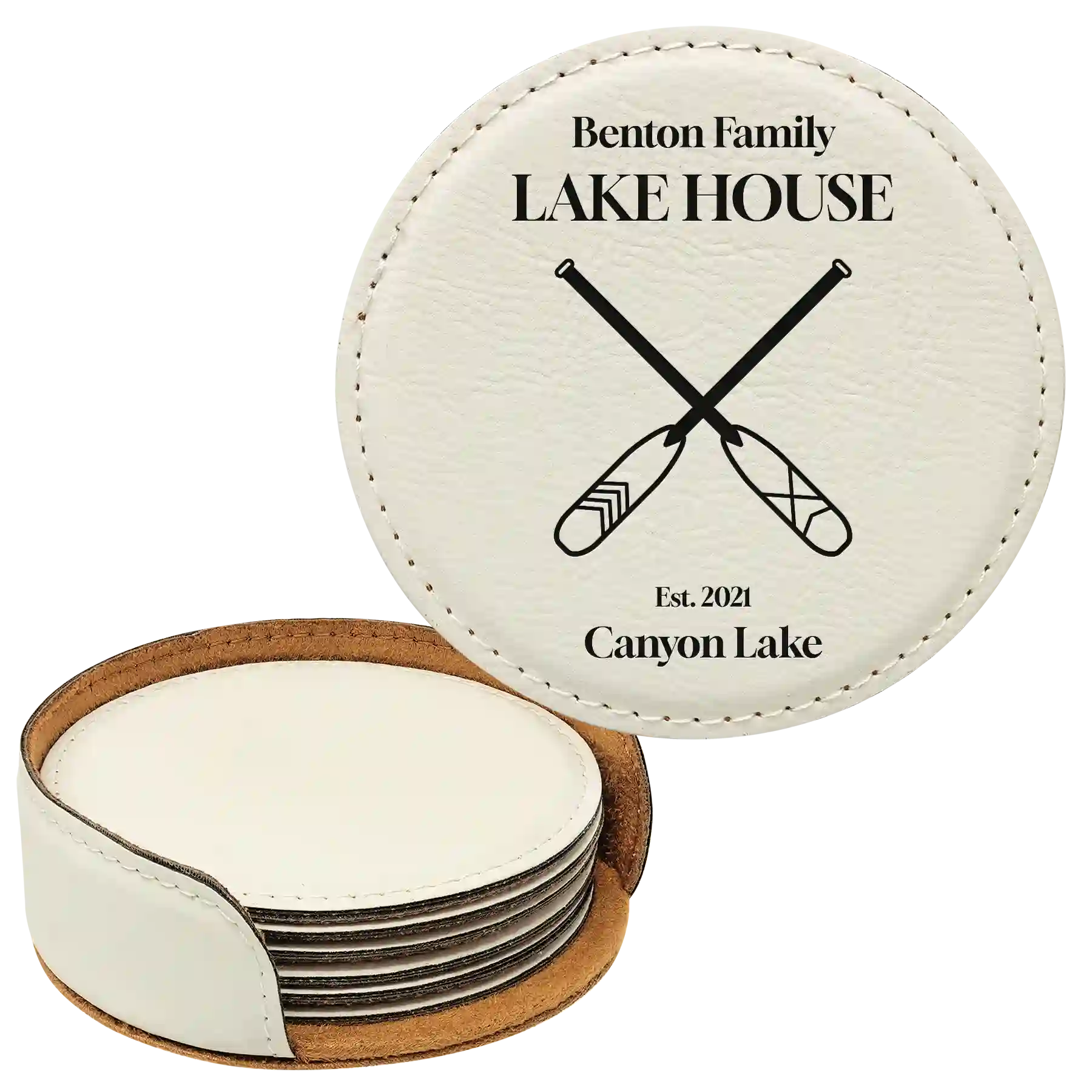 White round leatherette coasters set and holder with personalized 'Lake House' design