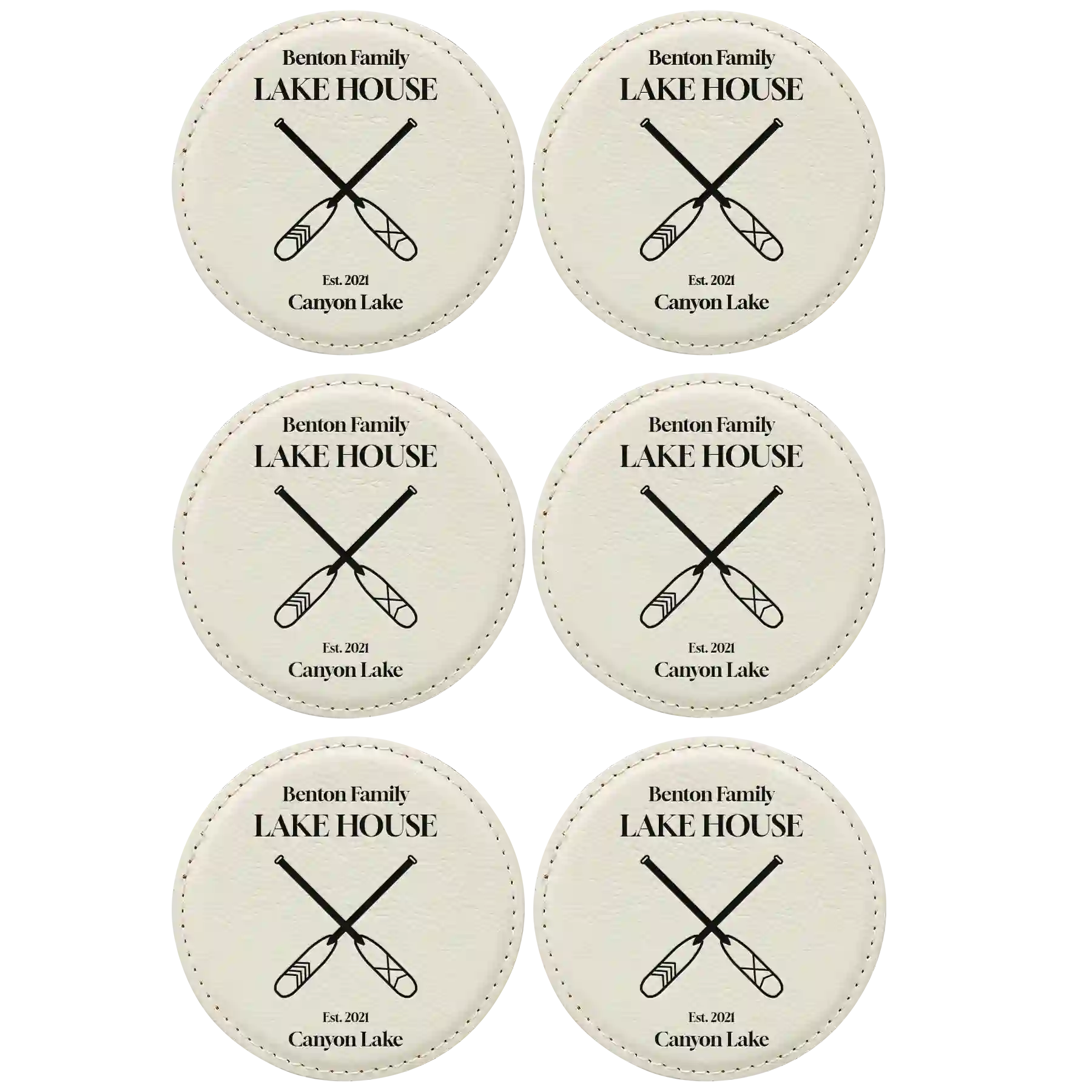 White round leatherette coasters set of 6 with personalized 'Lake House' designs
