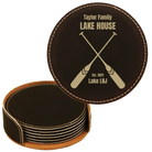 Black/Gold round leatherette coasters set and holder with personalized 'Lake House' design