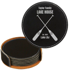 Black/Silver round leatherette coasters set and holder with personalized 'Lake House' design