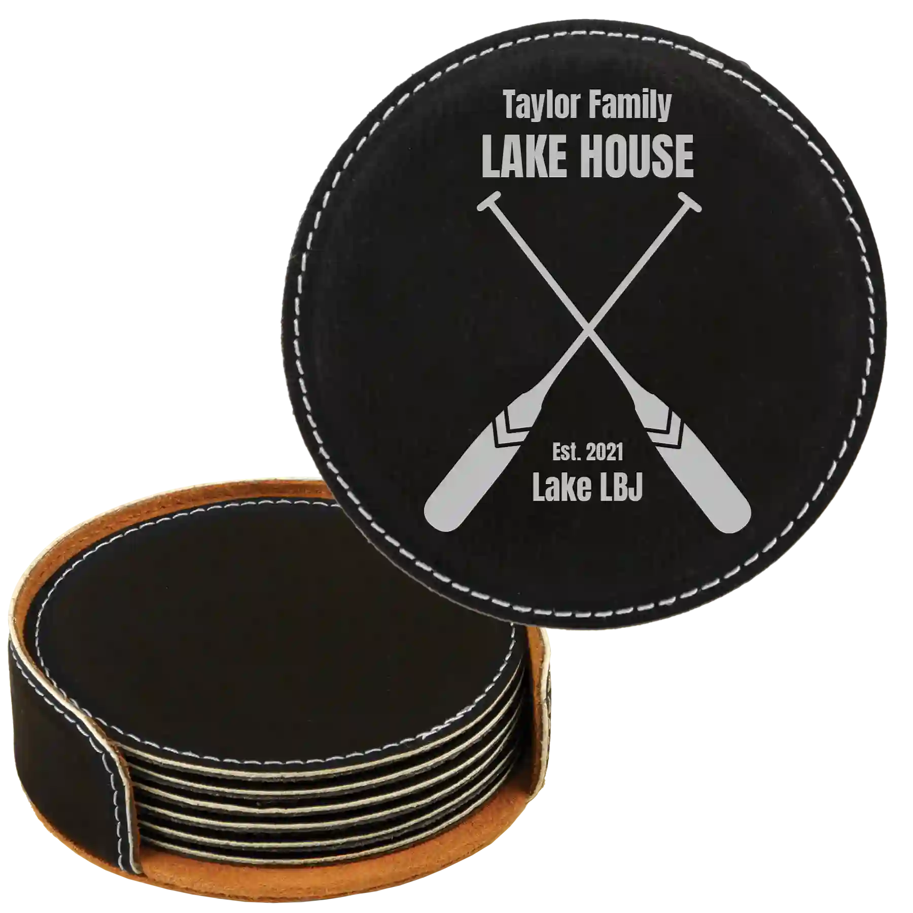 Black/Silver round leatherette coasters set and holder with personalized 'Lake House' design