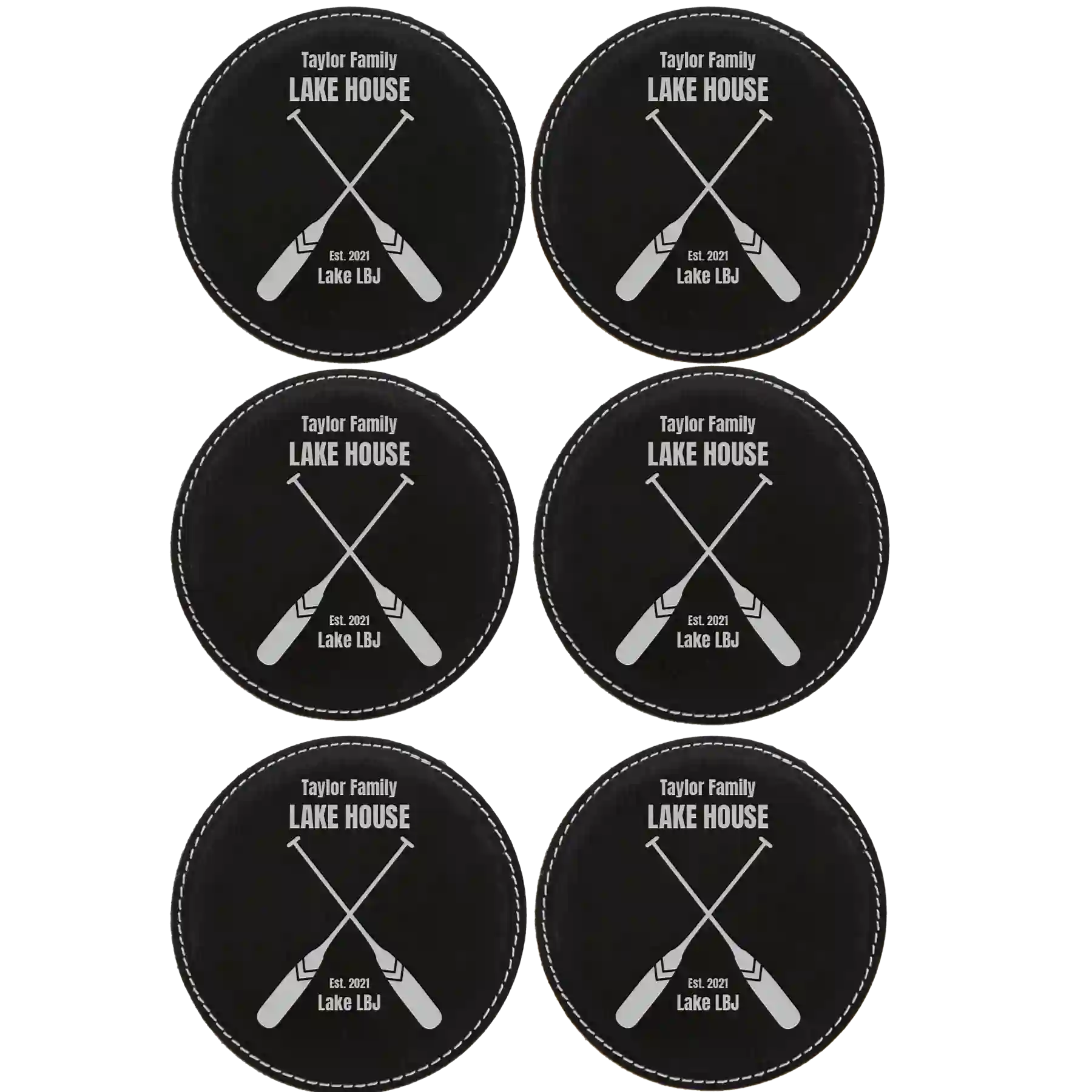 Black/Silver round leatherette coasters set of 6 with personalized 'Lake House' designs