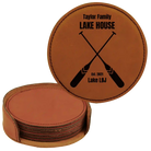 Rawhide round leatherette coasters set and holder with personalized 'Lake House' design