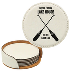 White round leatherette coasters set and holder with personalized 'Lake House' design