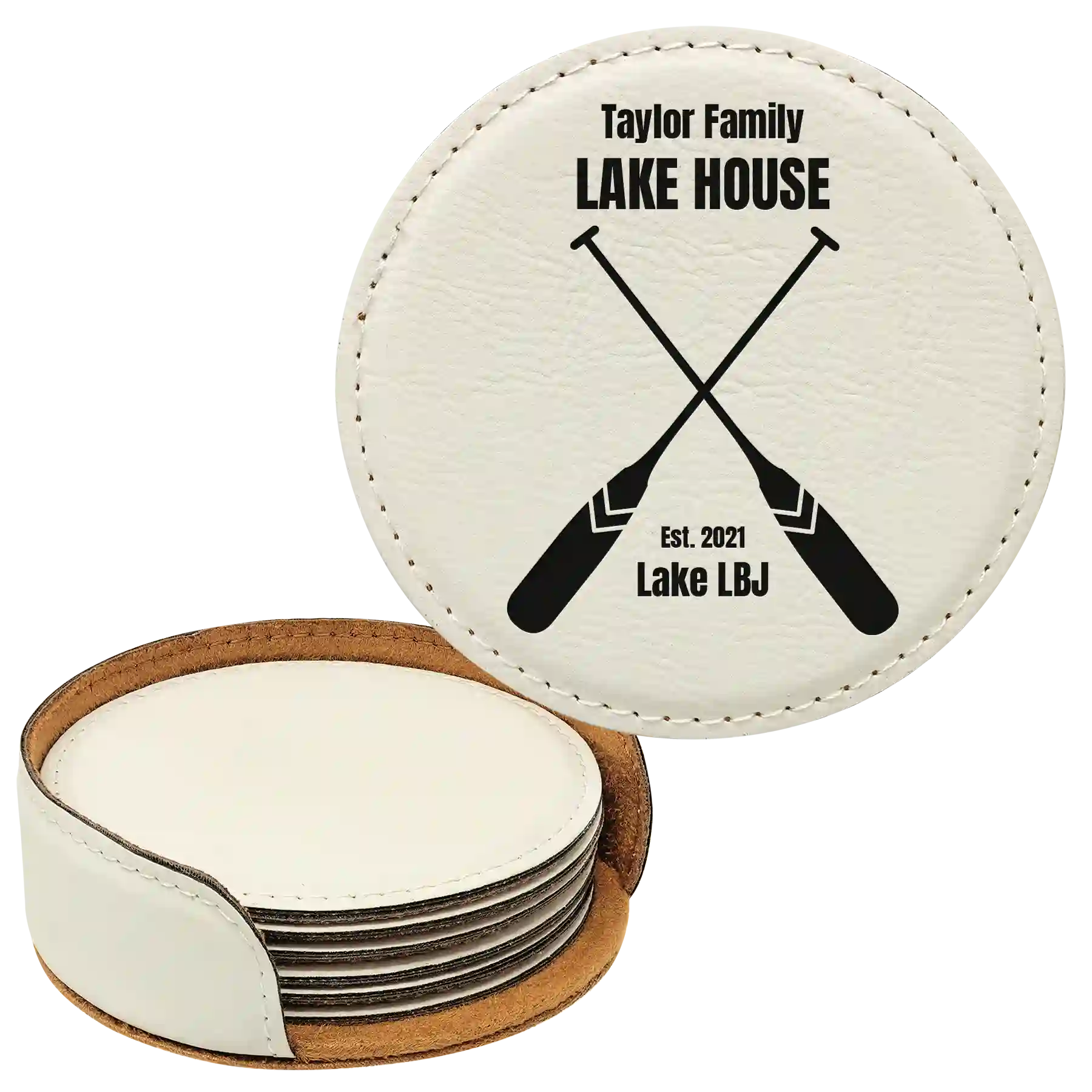 White round leatherette coasters set and holder with personalized 'Lake House' design