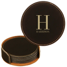Black/Gold round leatherette coasters set and holder with personalized 'Last Name Initial' design