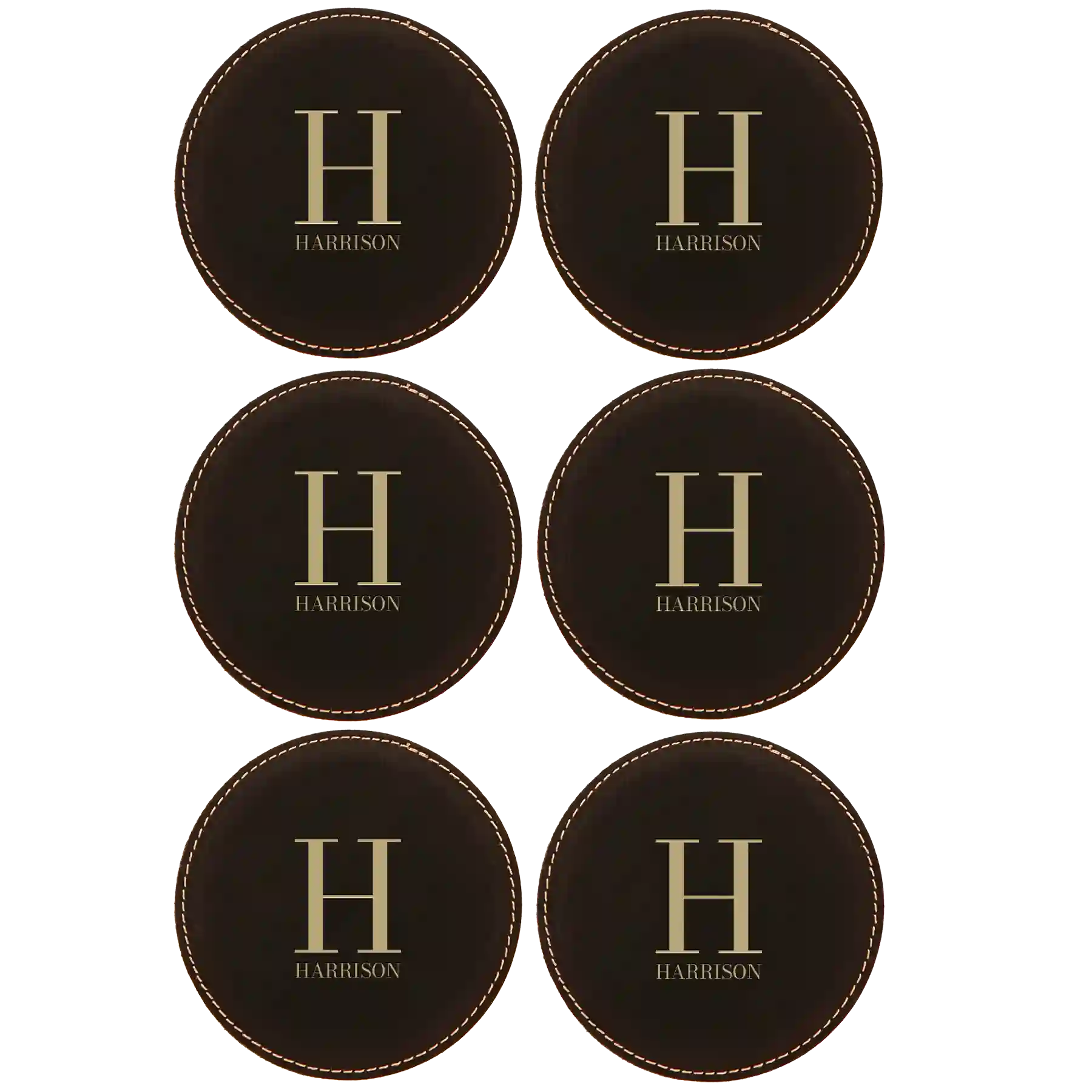 Black/Gold round leatherette coasters set of 6 with personalized 'Last Name Initial' designs