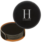Black/Silver round leatherette coasters set and holder with personalized 'Last Name Initial' design