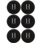 Black/Silver round leatherette coasters set of 6 with personalized 'Last Name Initial' designs
