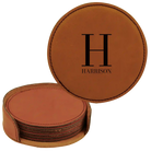 Rawhide round leatherette coasters set and holder with personalized 'Last Name Initial' design