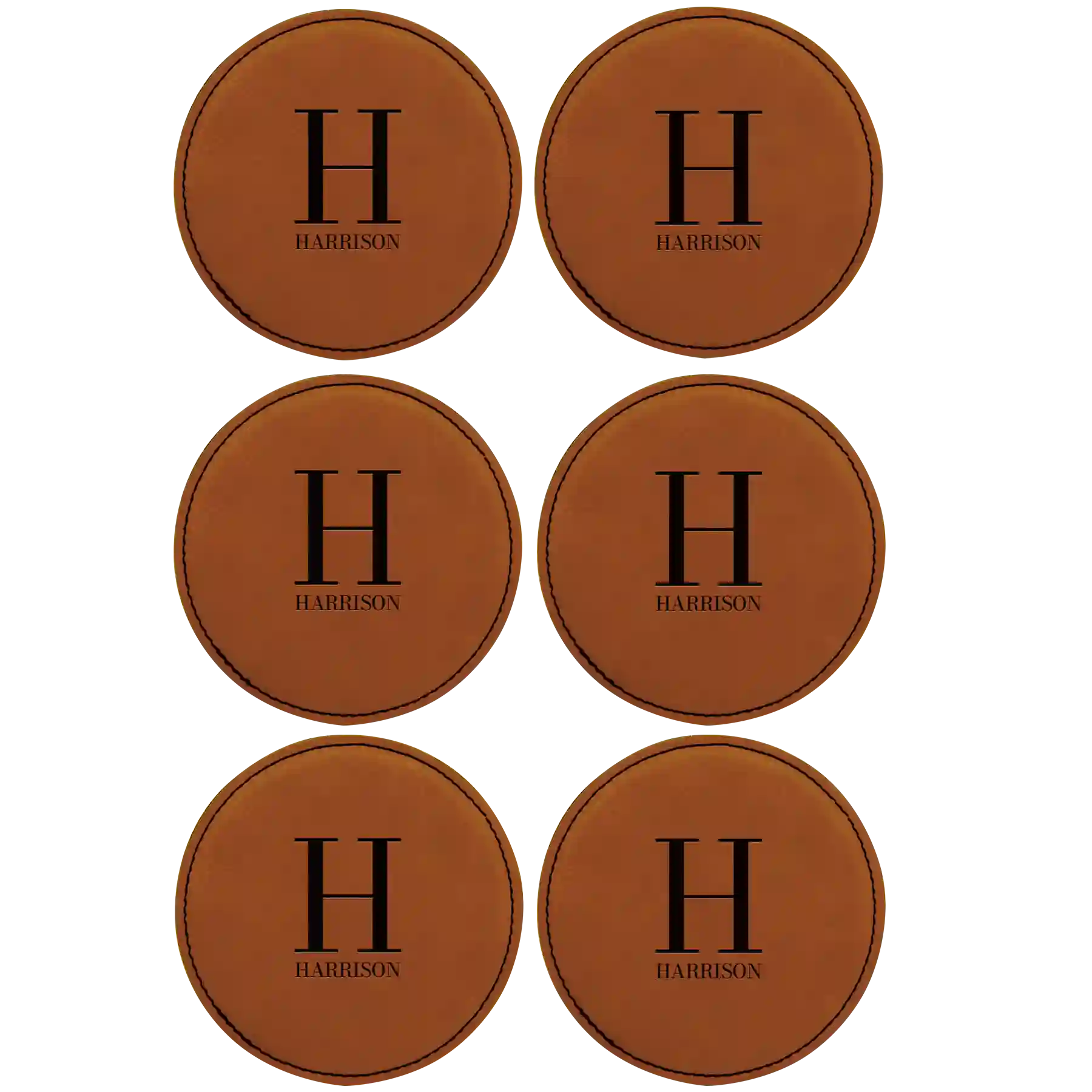 Rawhide round leatherette coasters set of 6 with personalized 'Last Name Initial' designs