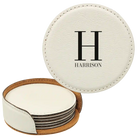 White round leatherette coasters set and holder with personalized 'Last Name Initial' design