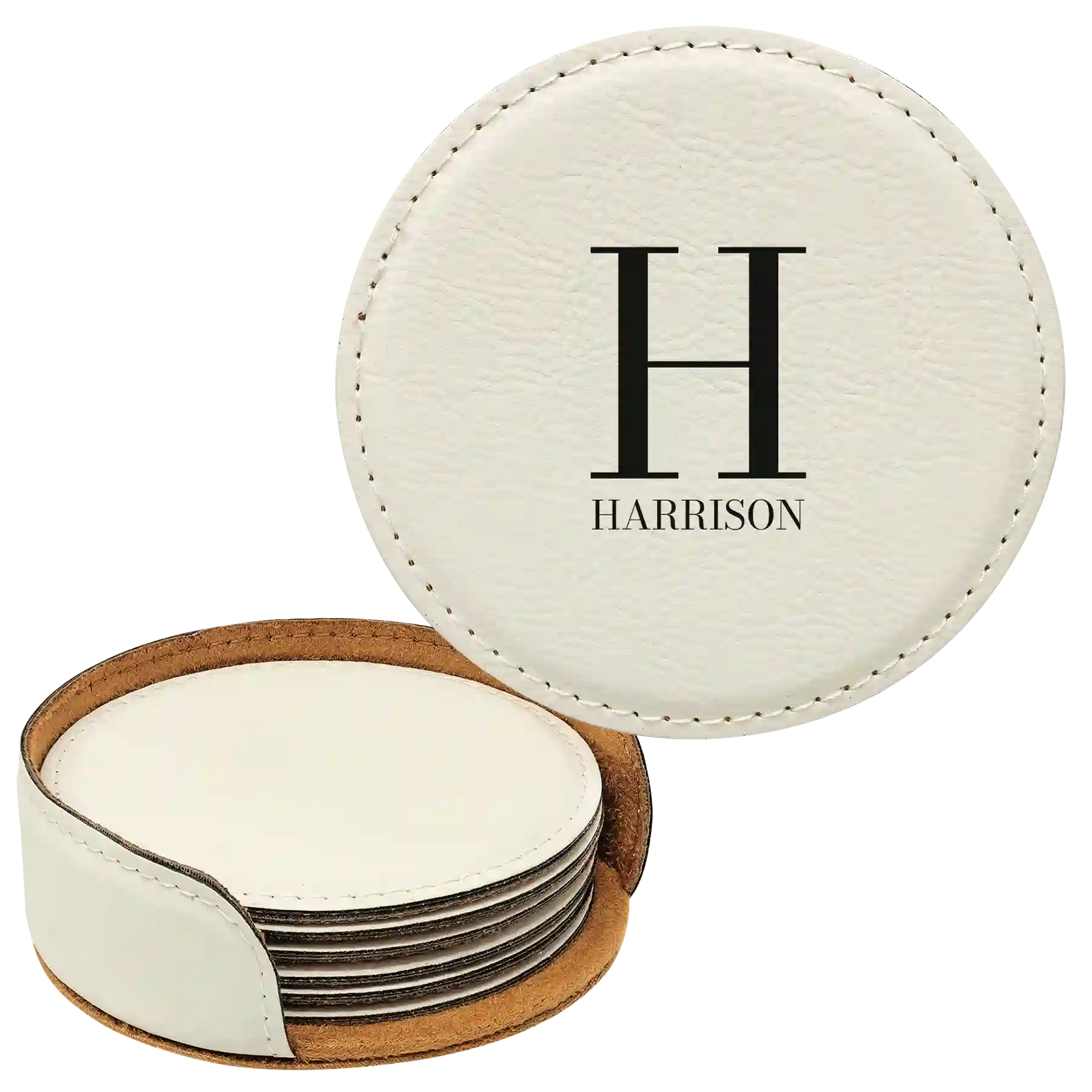 White round leatherette coasters set and holder with personalized 'Last Name Initial' design