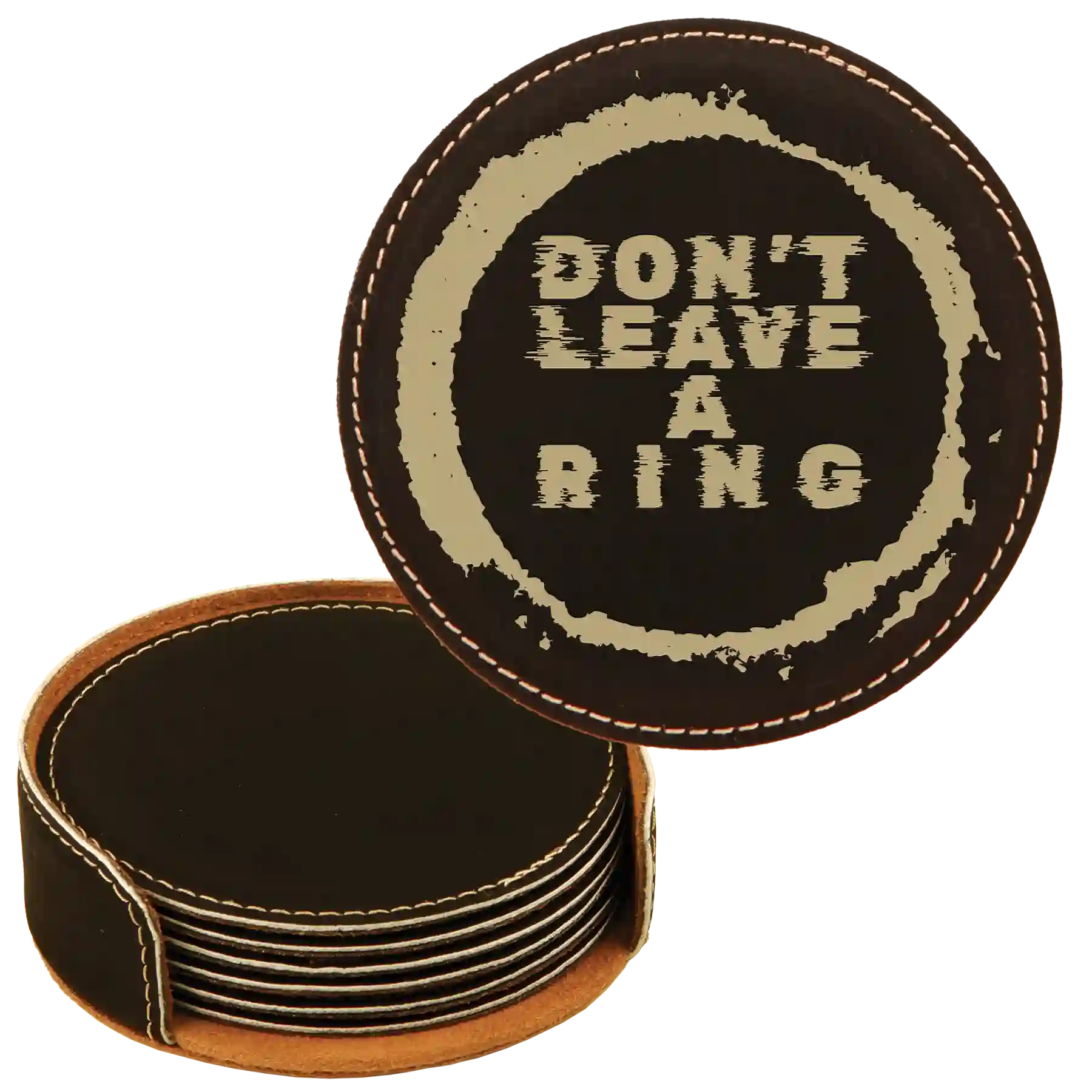 Black/Gold round leatherette coasters set and holder laser etched with 'Leave a Ring' design