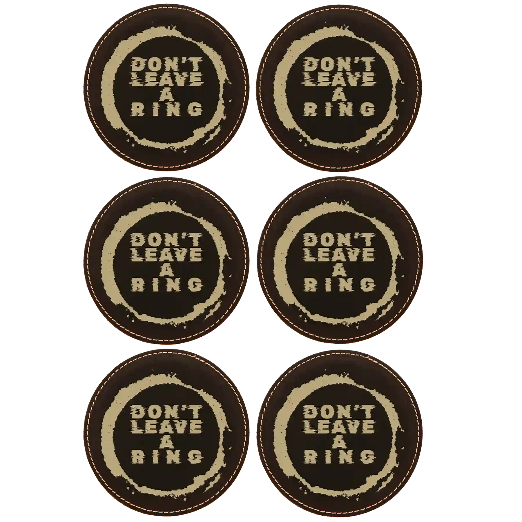 Black/Gold round leatherette coasters set of 6 laser etched with 'Leave a Ring' designs