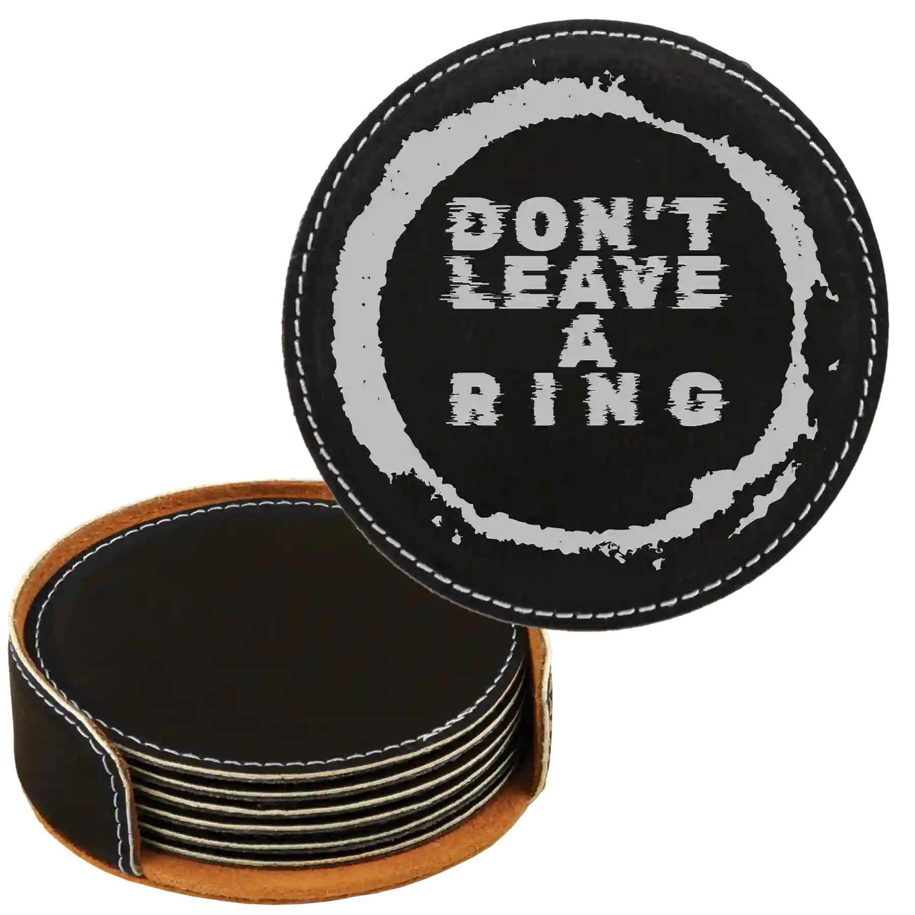 Black/Silver round leatherette coasters set and holder laser etched with 'Leave a Ring' design