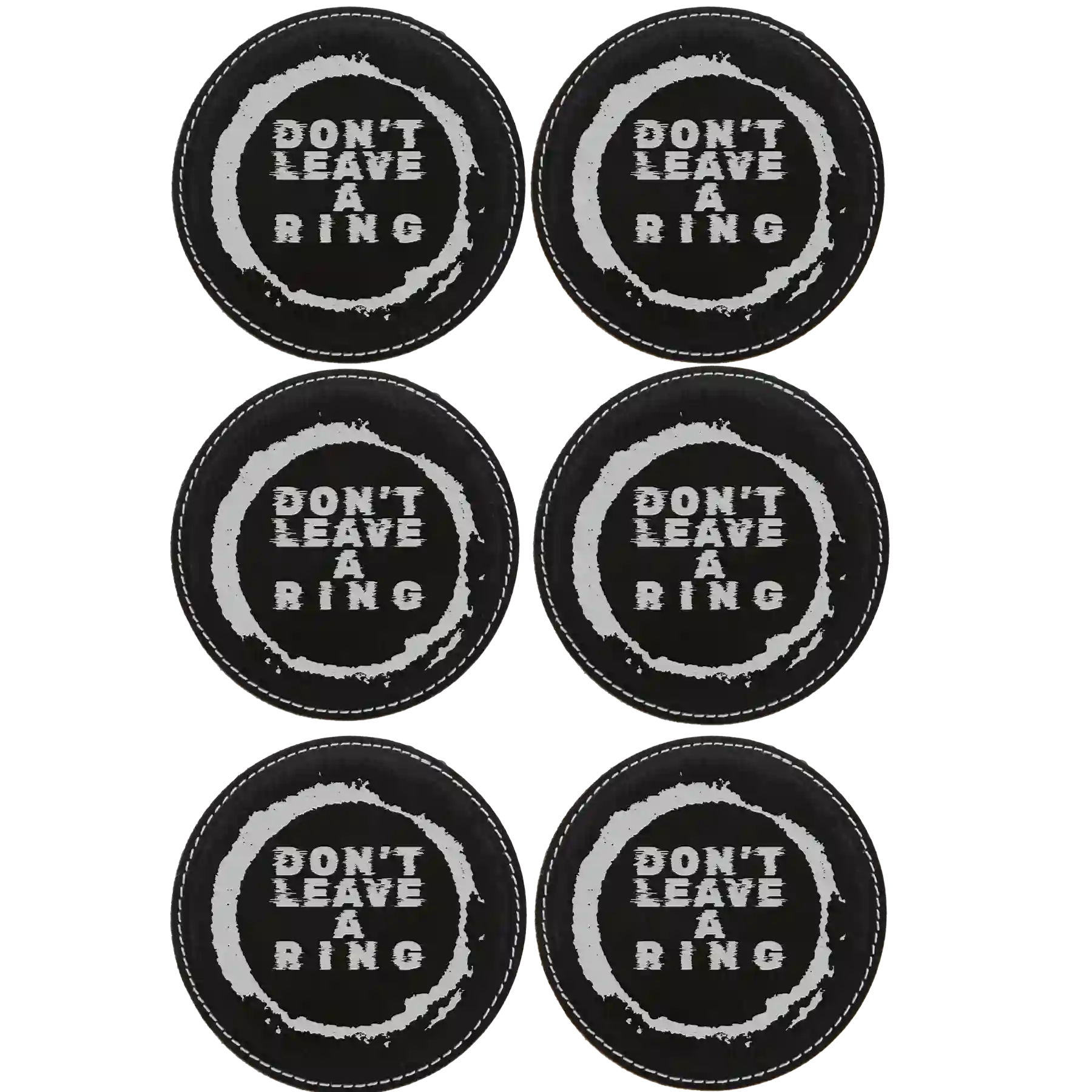 Black/Silver round leatherette coasters set of 6 laser etched with 'Leave a Ring' designs