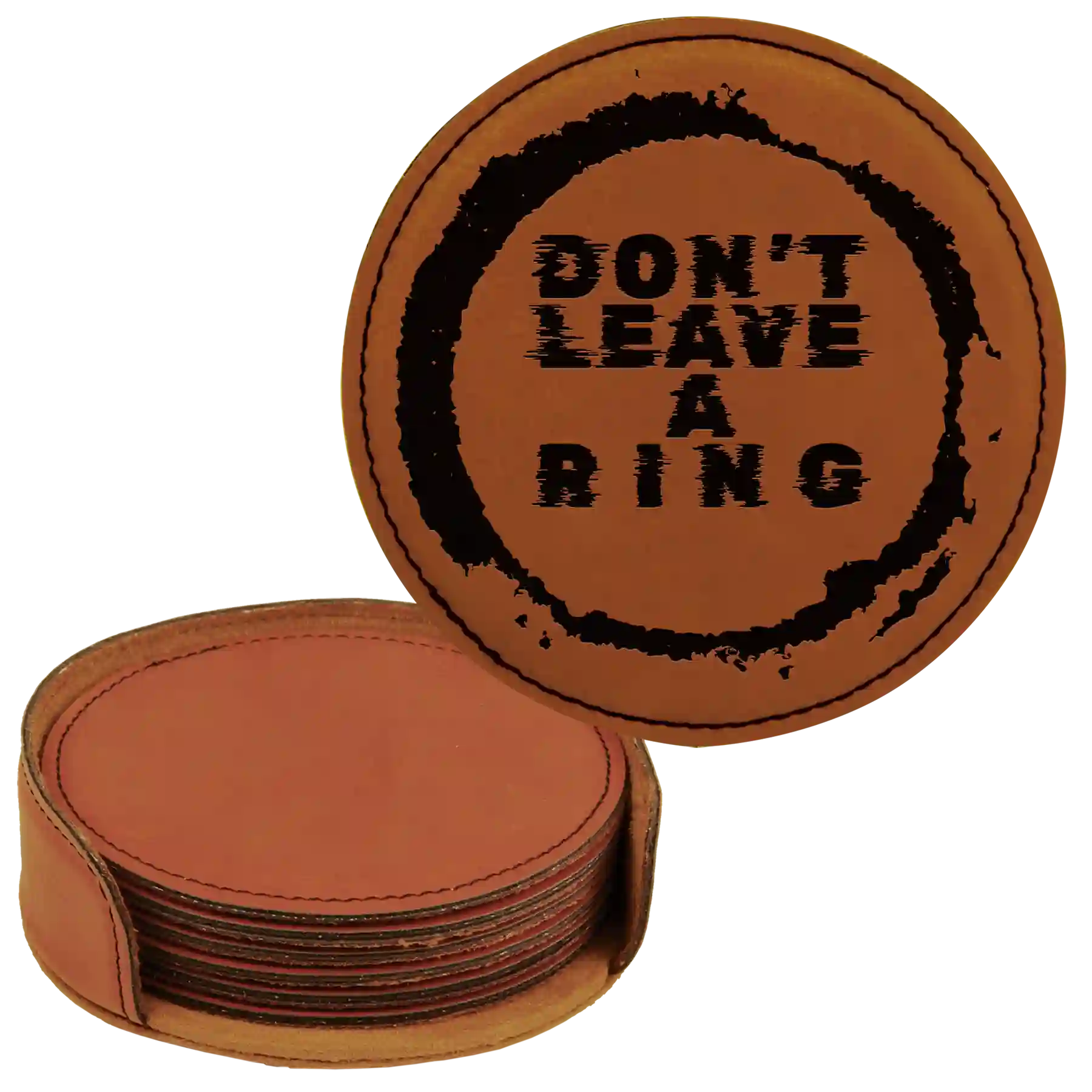 Rawhide round leatherette coasters set and holder laser etched with 'Leave a Ring' design