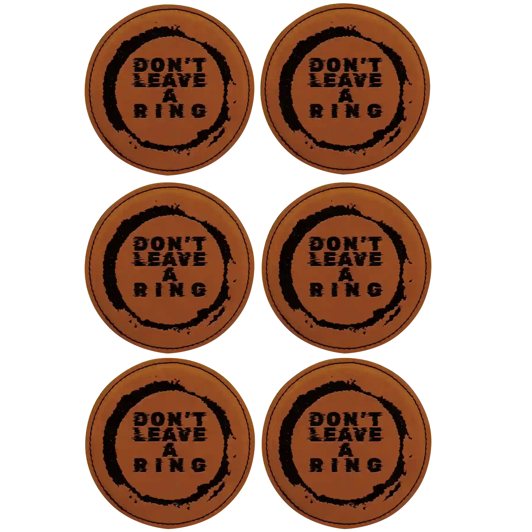 Rawhide round leatherette coasters set of 6 laser etched with 'Leave a Ring' designs