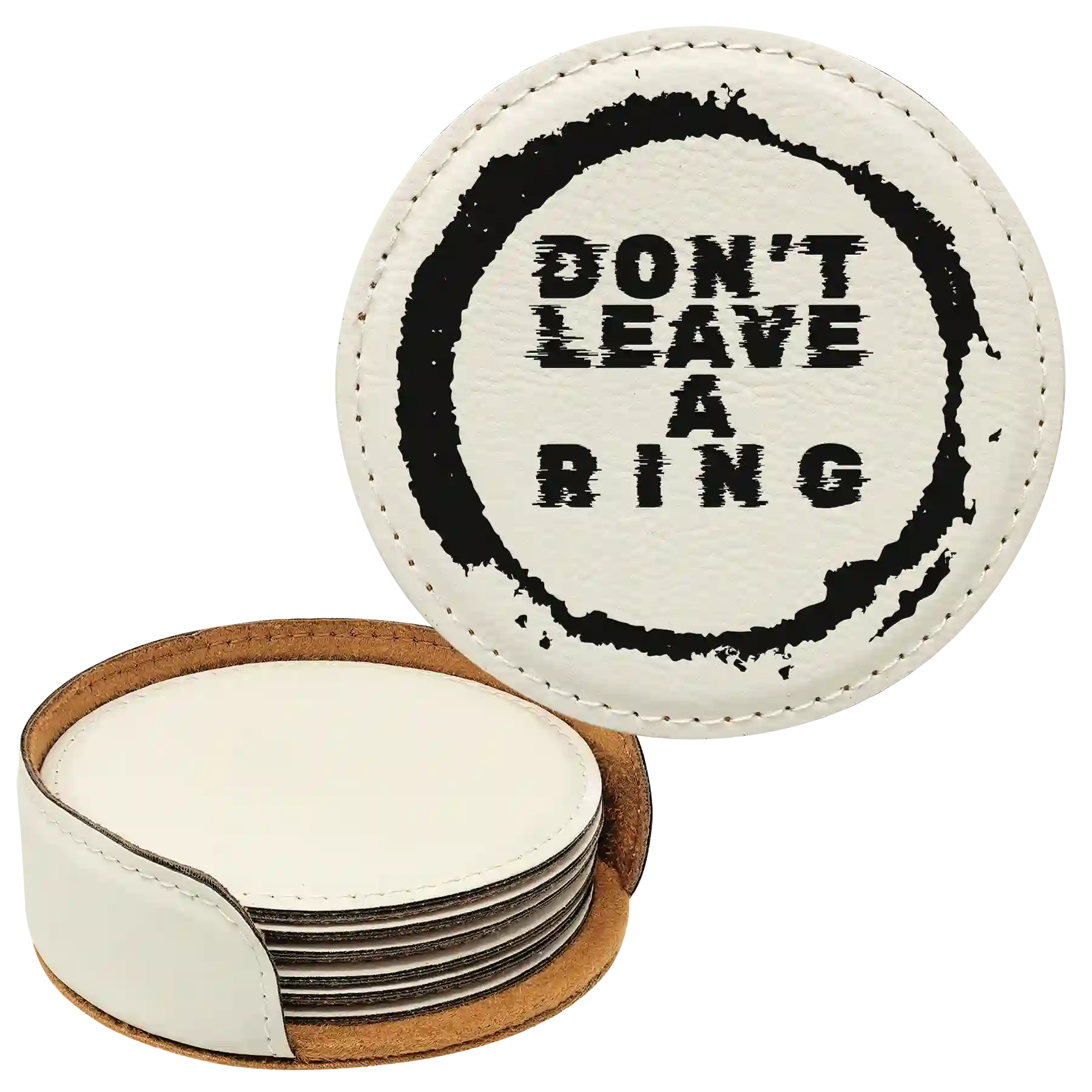 White round leatherette coasters set and holder laser etched with 'Leave a Ring' design
