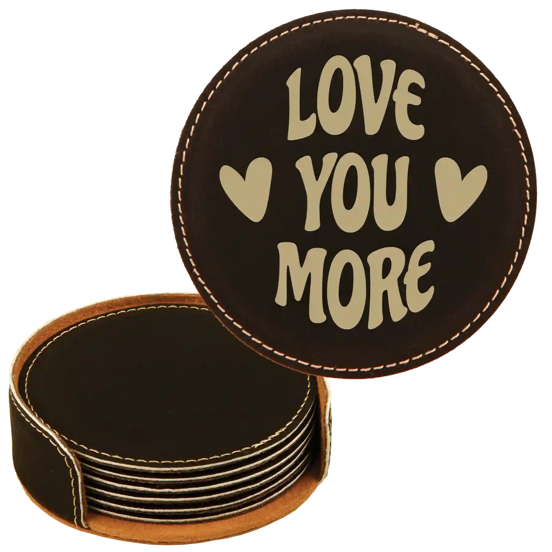 Black/Gold round leatherette coasters set and holder laser etched with 'Love You More Most' design