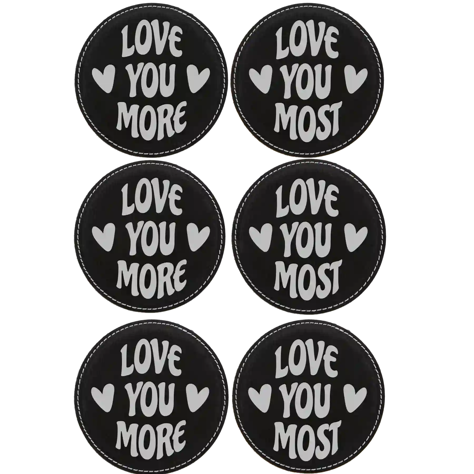 Black/Silver round leatherette coasters set of 6 laser etched with 'Love You More Most' designs